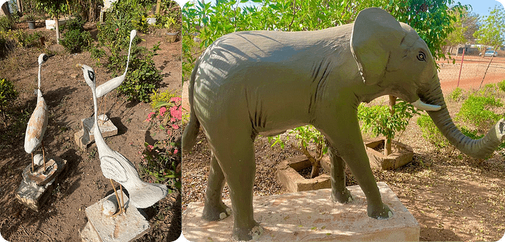 Built with local materials and featuring hand-crafted elephant and bird sculptures